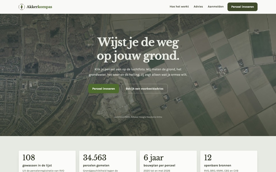 Homepagina van Akkerkompas: de kop ‘Wijst je de weg op jouw grond.’ over een luchtfoto van Nederlandse akkers.