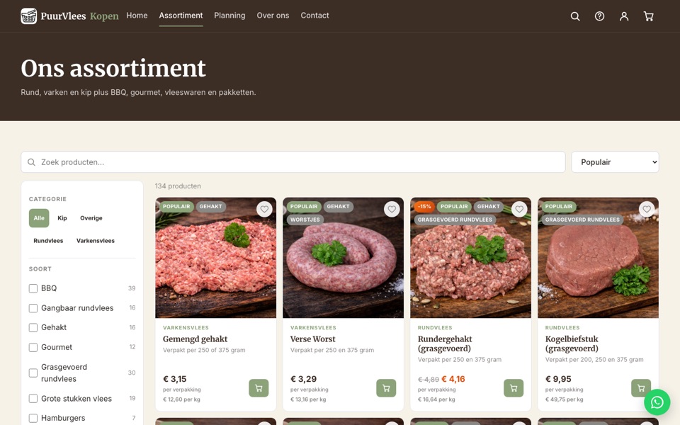 Assortimentspagina van Puur Vlees Kopen met zoekbalk, categoriefilters en productkaarten met prijzen.