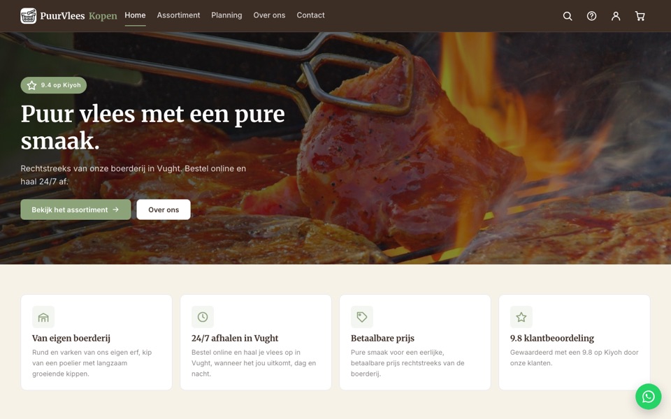 Homepagina van de webshop Puur Vlees Kopen op desktop, met de kop ‘Puur vlees met een pure smaak.’ en een knop naar het assortiment.