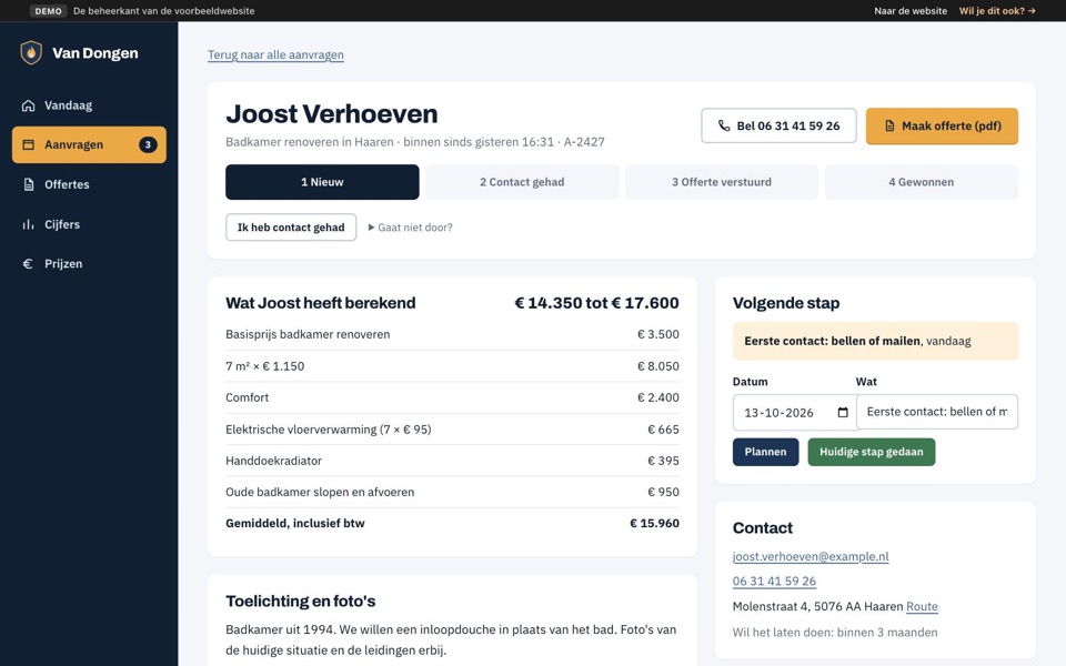 Een aanvraag in de beheerkant, met de status in vier stappen, de berekening van de klant en de knop ‘Maak offerte (pdf)’.
