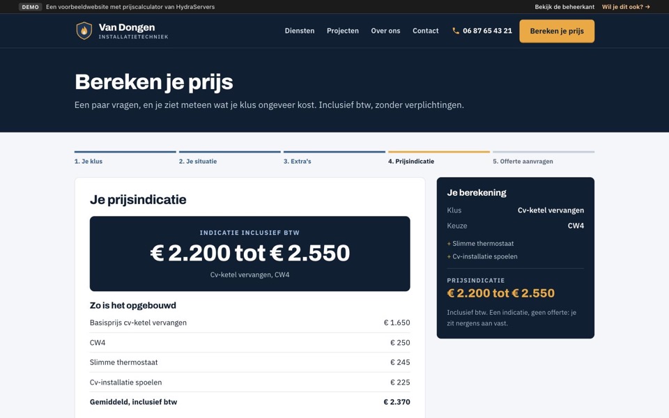 De prijscalculator bij stap 4: een prijsindicatie van € 2.200 tot € 2.550 voor een nieuwe cv-ketel, met de opbouw van de prijs.