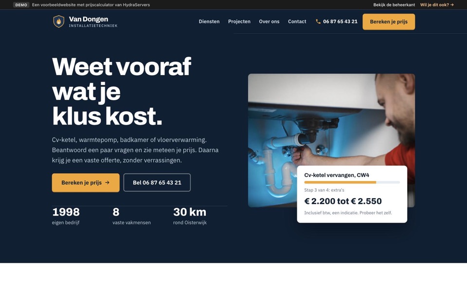 Homepagina van de demo-installateur Van Dongen, met de kop ‘Weet vooraf wat je klus kost.’ en een kaart met een prijsindicatie van € 2.200 tot € 2.550.
