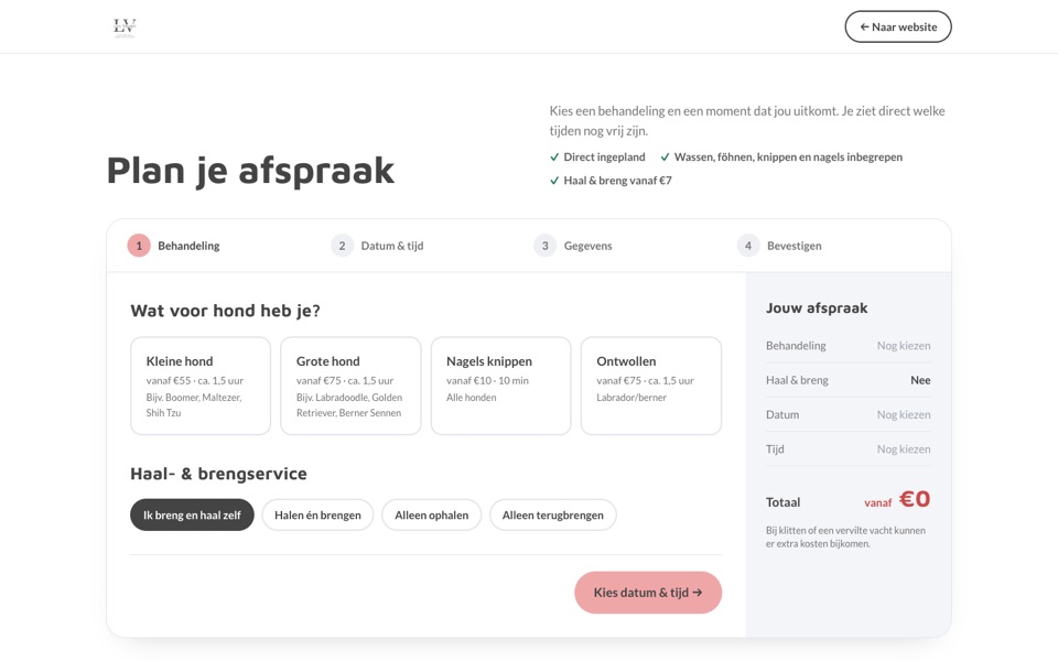De afsprakenplanner van Lovely Dogs by Lisa op desktop: de kop ‘Plan je afspraak’, vier stappen en de keuze tussen kleine hond, grote hond, nagels knippen en ontwollen.
