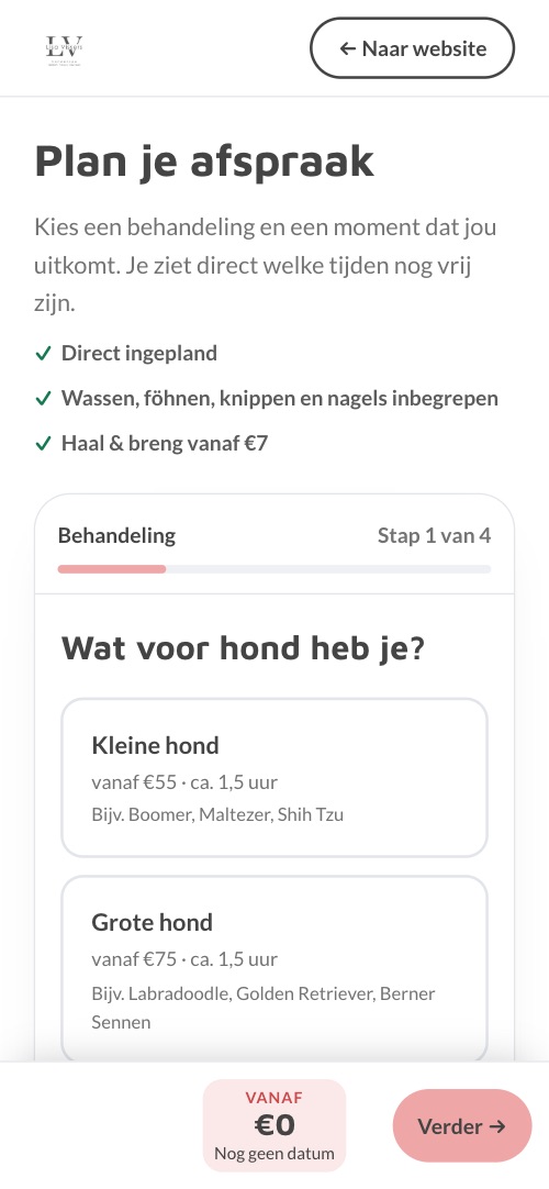 De afsprakenplanner van Lovely Dogs by Lisa op een telefoon, met een voortgangsbalk en onderaan een vaste balk met de prijs en de knop Verder.